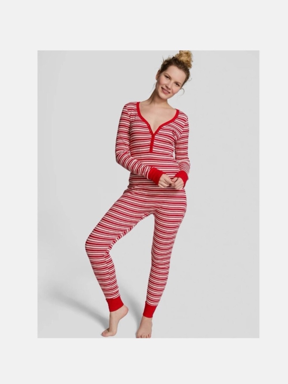 PINK Victoria's Secret Red Striped One Piece Thermal Pajama